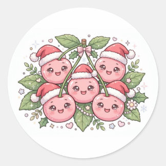 かわいいピンクのチェリーサンタ帽子のクリスマスステッカー ラウンドシール