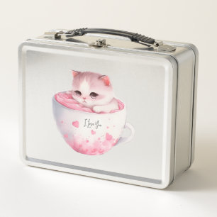 かわいいピンクのチビ(小さくかわいく書いた感じ)猫のかわいい王冠 メタルランチボックス