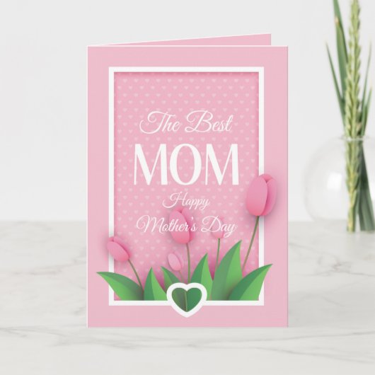 かわいいピンクのチューリップと白ハートの母の日 カード (正面)