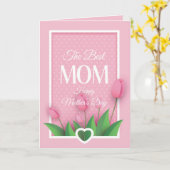 かわいいピンクのチューリップと白ハートの母の日 カード (黄色い花)