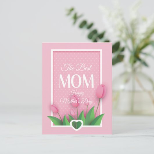 かわいいピンクのチューリップと白ハートの母の日 シーズンポストカード (スタンド正面)