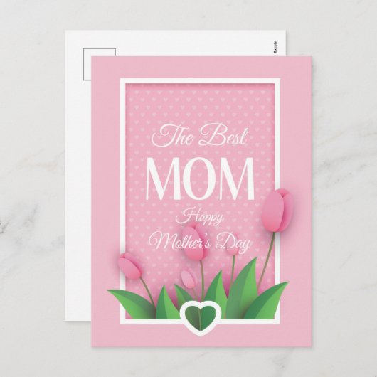 かわいいピンクのチューリップと白ハートの母の日 シーズンポストカード (正面/裏面)