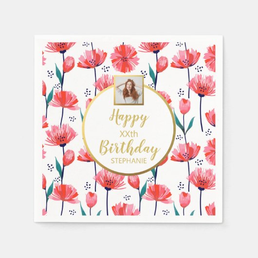 かわいいピンクのチューリップ、カスタム写真テキスト、誕生日 スタンダードカクテルナプキン (正面)
