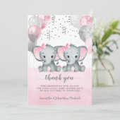 かわいいピンクのツイン女の子ゾウの風船ベビーシャワー サンキューカード (スタンド正面)