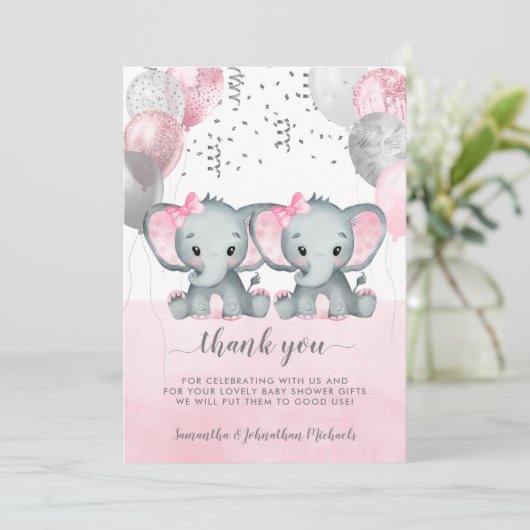 かわいいピンクのツイン女の子ゾウの風船ベビーシャワー サンキューカード (スタンド正面)