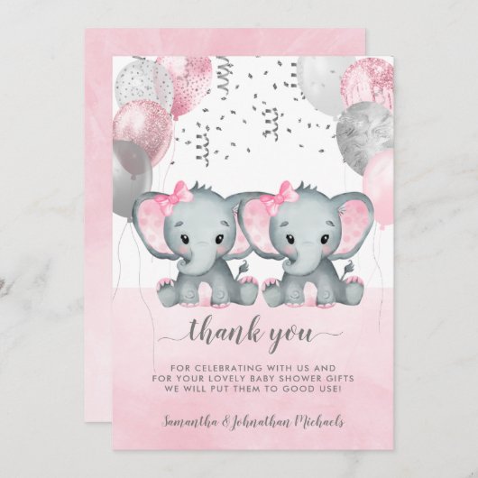 かわいいピンクのツイン女の子ゾウの風船ベビーシャワー サンキューカード (正面/裏面)