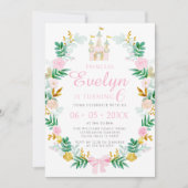 かわいいピンクのティール(緑がかった色)金ゴールド城プリンセスバースデーガール 招待状 (正面)