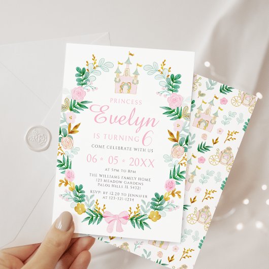 かわいいピンクのティール(緑がかった色)金ゴールド城プリンセスバースデーガール 招待状