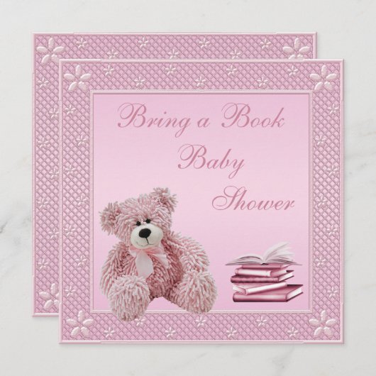 かわいいピンクのテディが本の赤ちゃんシャワーを持参 招待状 (正面/裏面)