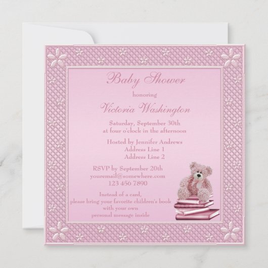 かわいいピンクのテディが本の赤ちゃんシャワーを持参 招待状 (裏面)