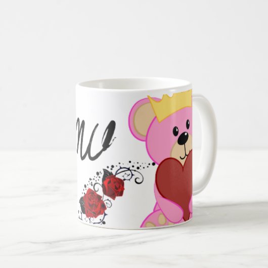 かわいいピンクのテディベアとバラとハートマグカップ コーヒーマグカップ (正面右)