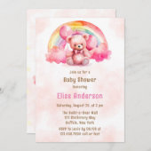 かわいいピンクのテディベアとレインボーガールベビーシャワー 招待状 (正面/裏面)