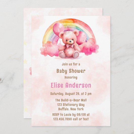 かわいいピンクのテディベアとレインボーガールベビーシャワー 招待状 (正面/裏面)