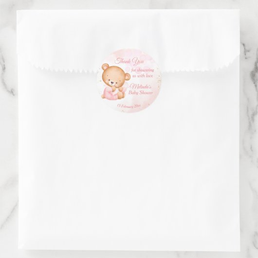かわいいピンクのテディベアと枕の赤ちゃんシャワー ラウンドシール (バッグ)