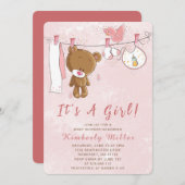 かわいいピンクのテディベア女の子の赤ちゃんシャワー 招待状 (正面/裏面)