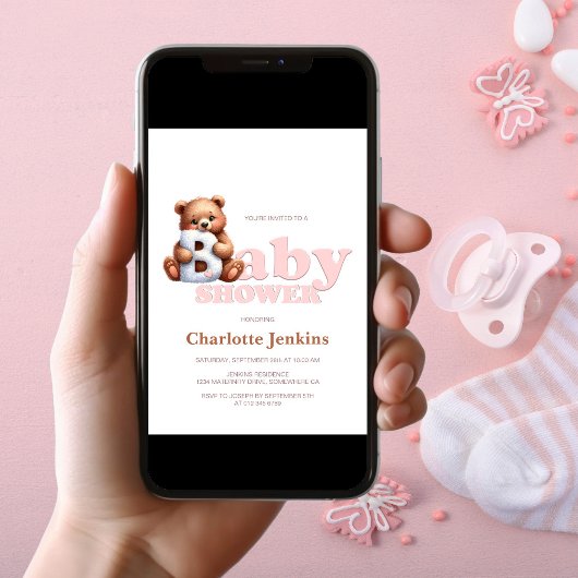 かわいいピンクのテディベア赤ちゃんシャワー招待状 招待状