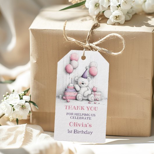 かわいいピンクのテディベア1st誕生日ありがとう ギフトタグ