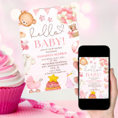 かわいいピンクのテディベア 水彩ガール ベビーシャワー 招待状