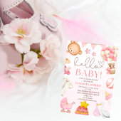 かわいいピンクのテディベア 水彩ガール ベビーシャワー 招待状