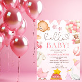 かわいいピンクのテディベア 水彩ガール ベビーシャワー 招待状