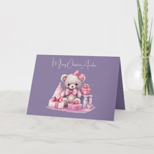 かわいいピンクのテディ娘クリスマスカード サンキューカード (正面)