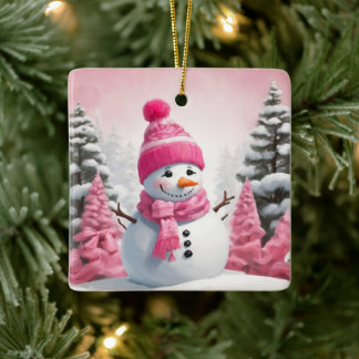 かわいいピンクのテーマのクリスマスの雪だるま セラミックオーナメント