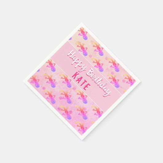 かわいいピンクのトカゲガーリーゲ誕生日パーティー スタンダードカクテルナプキン (角)