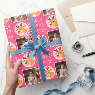 かわいいピンクのトナカイ家族の写真 クリスマス ラッピングペーパー