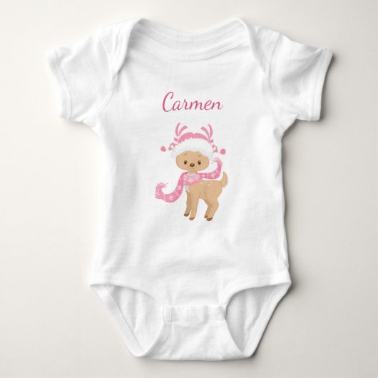 かわいいピンクのトナカイ ベビーボディスーツ (正面)