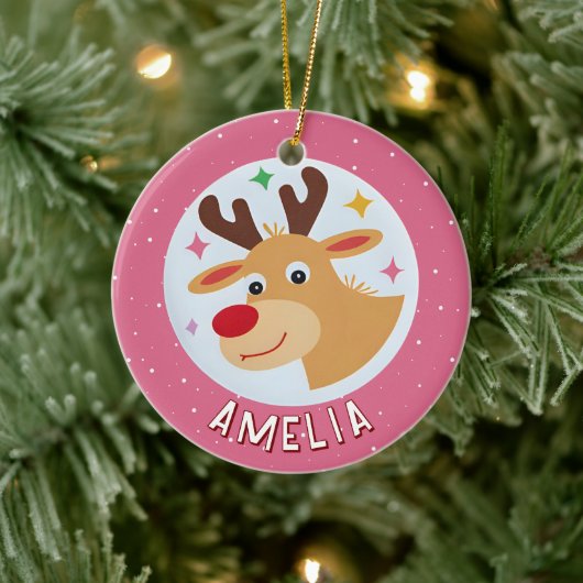かわいいピンクのトナカイ 子供の名前 クリスマス セラミックオーナメント (ツリー)