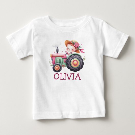 かわいいピンクのトラクターの女の子 オーダーメイド ベビーTシャツ (正面)