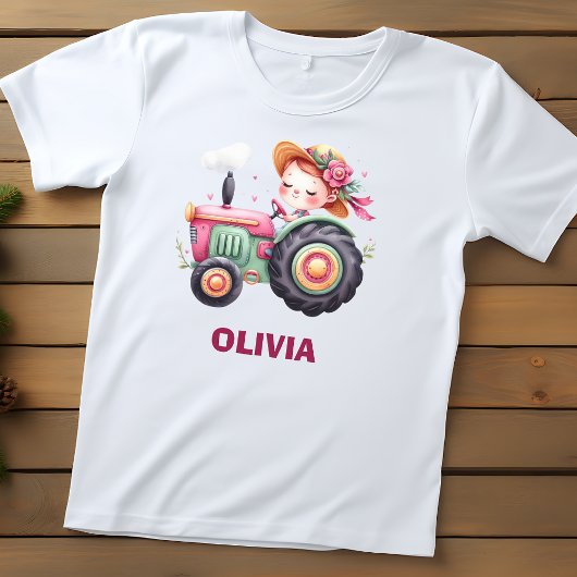 かわいいピンクのトラクターの女の子 名入れ トドラーTシャツ