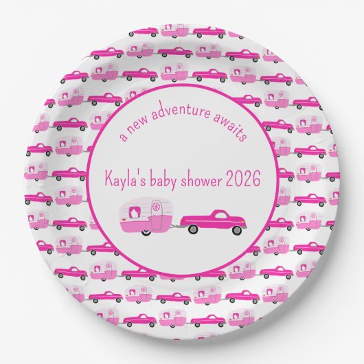 かわいいピンクのトラック&トレーラーRVアドベンチャーベビーシャワー ペーパープレート (正面)