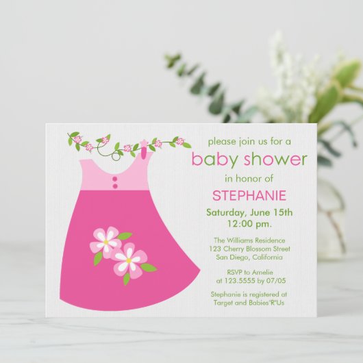 かわいいピンクのドレス衣装ベビーシャワー招待状 招待状 (スタンド正面)