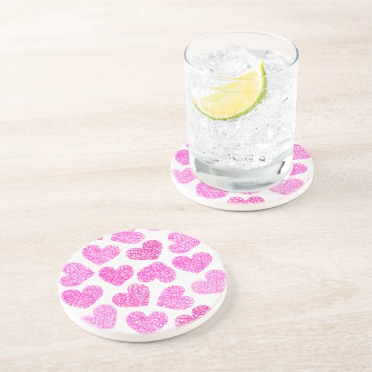 かわいいピンクのドードルハートバレンタインデーのパターン コースター (側面)