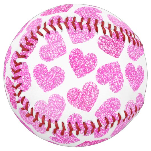かわいいピンクのドードルハートバレンタインデーのモノグラム ソフトボール (正面左)