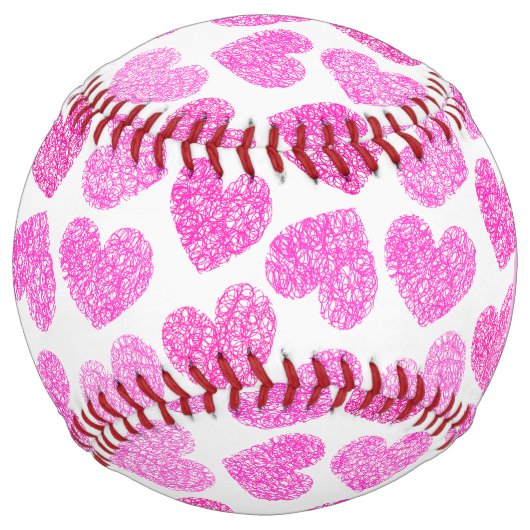 かわいいピンクのドードルハートバレンタインデーのモノグラム ソフトボール (正面)