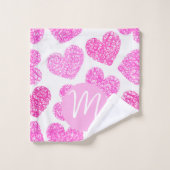 かわいいピンクのドードルハートバレンタインデーのモノグラム バスタオルセット (ウォッシュタオル)