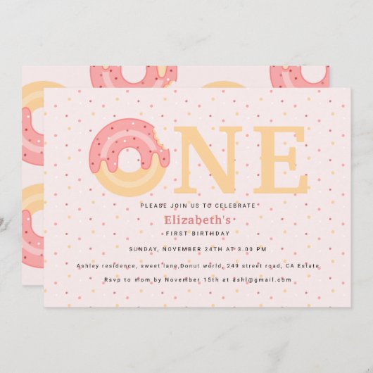 かわいいピンクのドーナツ一振り一誕生日 招待状 (正面/裏面)