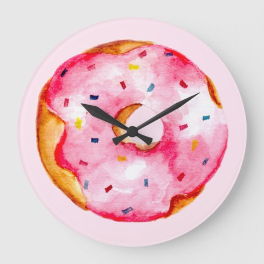 かわいいピンクのドーナツ水の色レインボーブラウンガーリー ラージ壁時計 (正面)