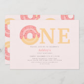 かわいいピンクのドーナツ1歳の誕生日 招待状 (正面/裏面)
