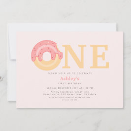 かわいいピンクのドーナツ1歳の誕生日 招待状