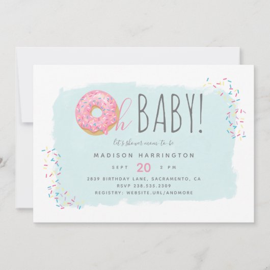 かわいいピンクのドーナツOh赤モダンちゃんシャワー 招待状 (正面)