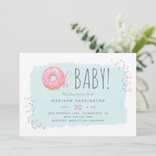 かわいいピンクのドーナツOh赤モダンちゃんシャワー 招待状 (スタンド正面)