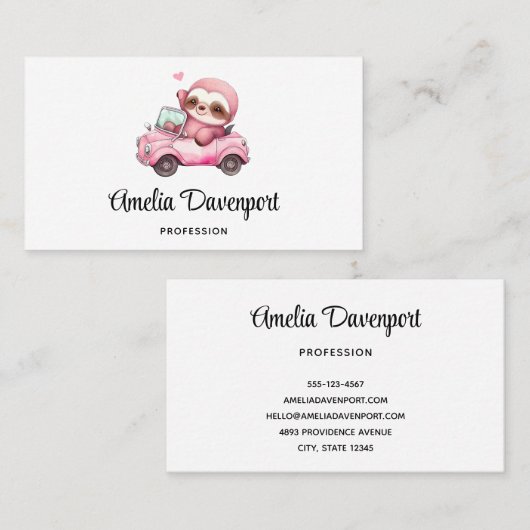 かわいいピンクのナマケモノが車を運転 名刺 (正面/裏面)