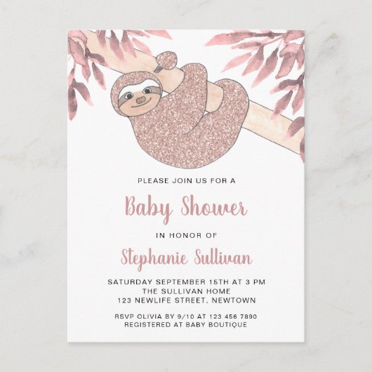 かわいいピンクのナマケモノの赤ちゃんシャワー インビテーションポストカード (正面)