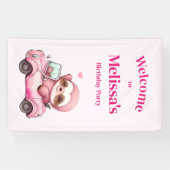 かわいいピンクのナマケモノ車を運転誕生日へようこそ 横断幕 (横)