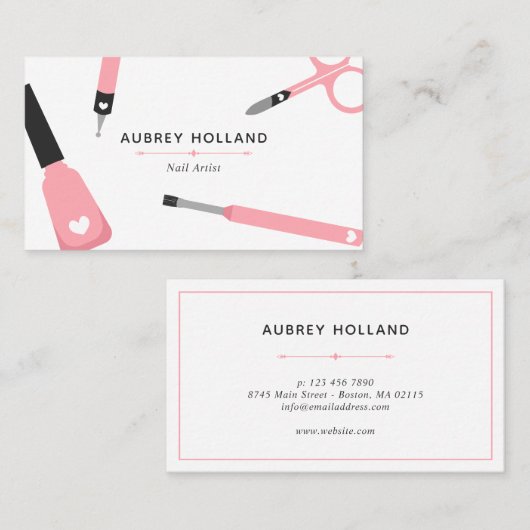かわいいピンクのネイルアーティストツール 名刺 (正面/裏面)