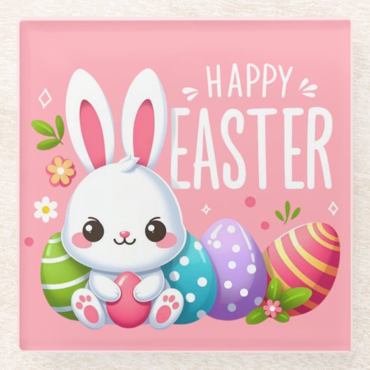 かわいいピンクのハッピーイースターバニー ガラスコースター (正面)
