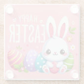 かわいいピンクのハッピーイースターバニー ガラスコースター (裏面)